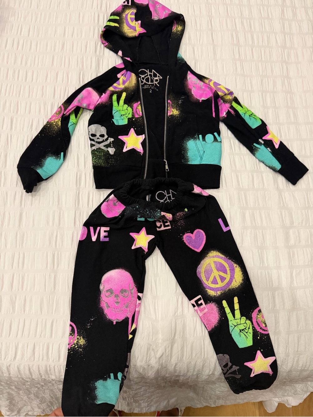 Chaser Black Hoodie & Joggers Set with Neon Pink, Green & Teal Prints